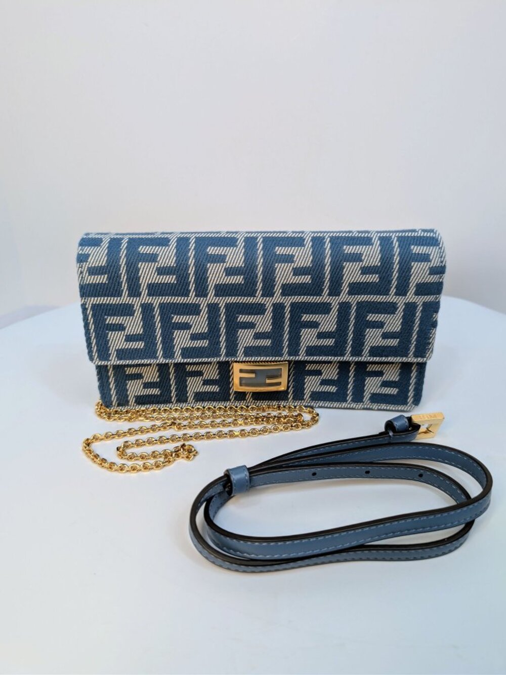 Fendi Blue and White Woven Denim-Effect FF Jacquard Baguette Wallet on Chain WOC